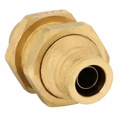Brass push-to-connect union fitting with 5/8 in OD tube connections on both ends. Designed for air brake and pneumatic systems, providing secure, tool-free connections in industrial and automotive applications.