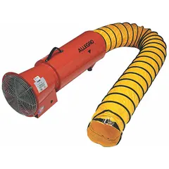 This axial blower and ducting combination unit delivers up to 1,275 cfm in free air, powered by a 1/3 hp motor at 120 V AC. It includes 25 ft of 8-inch diameter duct with an extension canister, housed in an orange casing. Designed for ventilating confined spaces, exhausting fumes, and supplying fresh air in industrial and maintenance settings.