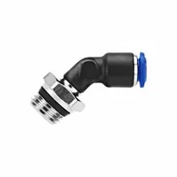 This tube fitting from AIGNEP features a push-to-connect end for 3/8 in OD tubing and a universal thread end with 1/4 in thread size A. Constructed from nylon and nickel-plated brass in black/blue, it enables tool-free connections in pneumatic or fluid systems for industrial automation, air lines, and fluid handling applications