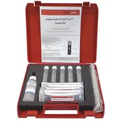 Water quality test kit for detecting Legionella bacteria in water samples. Range: 0 to 1 mg/L. Includes 5 swabs for sample collection. Total 17 pieces. Used for routine monitoring in cooling towers, hospitals, and hotels.