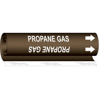 BRADY Pipe Marker: Propane Gas, Brown, White, Fits 1 1/2 to 2 3/8 in Pipe O.D. - Propane Gas Wrap-Around Pipe Markers