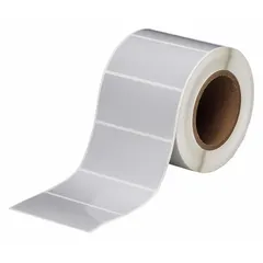 This precut label roll consists of gray polyester labels measuring 2 in x 4 in with a 2 in core, 1,000 labels per roll. Designed for use with THT printer series, it is suited for industrial identification and labeling applications requiring durable, heat-resistant labels.