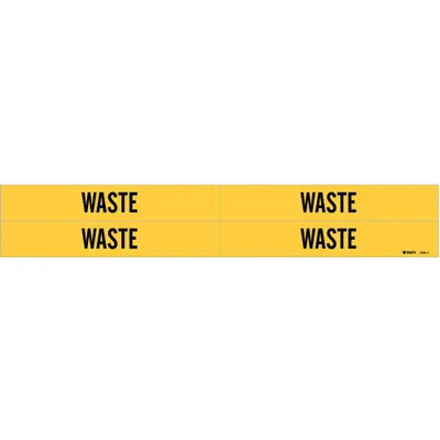 BRADY Pipe Marker: Waste, Yellow, Black, Fits 3/4 to 2 3/8 in Pipe O.D., 4 Pipe Markers - Waste Adhesive Pipe Markers