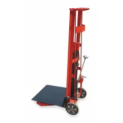 This platform lift truck has a 750 lb capacity and a steel platform measuring 22 in L x 22 in W. It lifts from 5 3/4 in to 54 in using a foot pump. Includes (2) axle-mounted components. Used for lifting and positioning loads in industrial and warehouse settings.