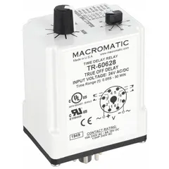 Socket-mounted time delay relay with 8 pins/terminals, rated 10 A at 24V AC/DC. Suitable for industrial control panels to delay or sequence electrical operations in automation, HVAC, and pump control systems.