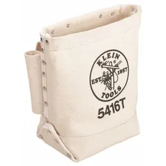 Tan canvas tool pouch with one open-top pocket designed for carrying fasteners. Attaches to belts up to 3 inches wide via a belt slot. Provides quick access to screws, nails, or bolts during maintenance or installation tasks.