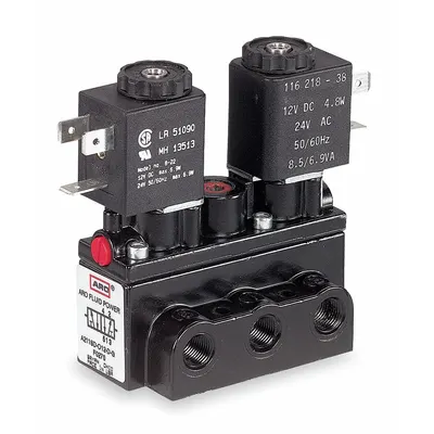 ARO Solenoid Air Control Valve: Alpha, Four-Way / Three-Position, 12V DC, 1/4 in Female NPT - ARO Alpha Series Solenoid-Operated Inline Air Control Valves