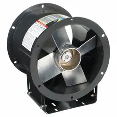 Belt-drive tubeaxial fan for horizontal mounting, designed for moving clean air in industrial ventilation systems. Features a 12-inch blade, maximum noise level of 59 sones at 5 feet, and Type B spark-resistant construction. Drive package not included.