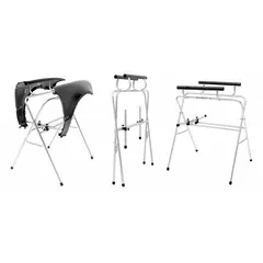 Steel work stand for holding fenders during auto body repair. Foldable design with 31 in operating width and 45 in maximum operating height. Suitable for sanding, painting, or alignment tasks.