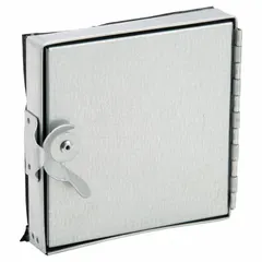 This steel flat access door is designed for rectangular HVAC ducts, providing a 6 in x 6 in opening for inspection and maintenance. It features a single cam latch and tab-in hinge for secure closure, and includes fiberglass insulation. The 6 in observation port height allows visual access to duct interiors.