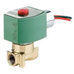 This 2-way, 2-position normally closed solenoid valve features a brass body and is designed for high-flow applications. It operates on 24V DC with a 1/4 in pipe size. Suitable for on/off control of water, air, and light oil in industrial fluid systems.