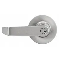 Storeroom lever lockset for interior doors requiring egress with key-only entry. Satin chromium-plated zinc finish. ADA compliant lever. Lockset Style 99. Not ligature-resistant. No visual indicator
