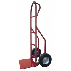Single-loop handle hand truck with a red steel frame and a 10-inch pneumatic wheel. Used for moving loads in industrial, warehouse, and delivery settings.