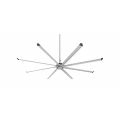 Industrial HVLS ceiling fan with 12 ft blade diameter delivering 48,971 cfm airflow. Operates on single-phase 200 to 240V AC power with variable speed control. Suitable for large-scale air movement in high-ceiling spaces such as warehouses and manufacturing facilities. No light kit included.