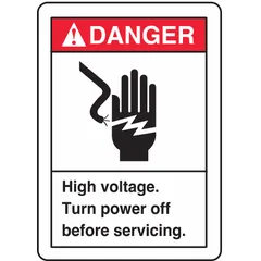 Vinyl adhesive sign, 5 in x 3 1/2 in nominal size, 0.02 in thick. Not retroreflective, not glow-in-the-dark, no anti-slip surface. Used to warn personnel of high-voltage hazards in electrical rooms, equipment panels, and industrial facilities.