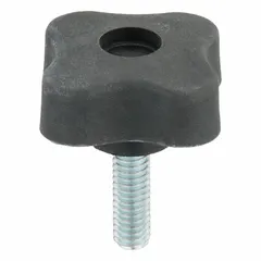 This 4-arm knob with threaded stud is used for manual adjustment and clamping in industrial equipment. The plastic body with steel thread provides a secure grip. Thread size is 5/16"-18, diameter is 1.73 in.