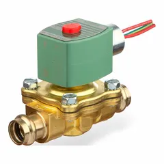 This 2-way, 2-position normally closed solenoid valve is designed for high-flow applications. It features a 3/4 in pipe size, operates on 24V DC, and has a watertight coil enclosure. Suitable for automated on/off control of water, air, or light oil in industrial fluid systems.