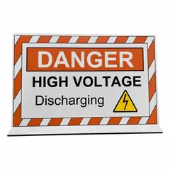 This free-standing plastic sign warns of high voltage and discharging electric vehicle hazards. With a nominal size of 6-1/2 in x 11 in and 0.25 in thickness, it is non-reflective and does not glow in the dark. Suitable for standalone placement in areas where high-voltage equipment is present.