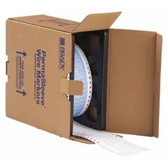 Polyolefin sleeve label roll with white matte finish, measuring 1/8 in x 1 1/2 in. Designed for wire identification on 16 AWG to 22 AWG conductors. Compatible with IP Series printers for on-demand printing. Suitable for general industrial wire and cable marking applications.