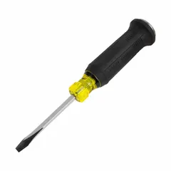 Slotted screwdriver with a 1/4 in tip and 4 in shank length, overall length 9 1/4 in. Designed for prying, scraping, and chiseling in demolition and framing applications. Features a cushion grip handle for comfort during heavy-duty use.