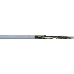 This CHAINFLEX CF77-UL control cable is designed for continuous flexing applications in automated machinery and cable carriers. It features 18 conductors of 20 AWG copper with a PUR jacket, includes a ground, and is flame retardant. Rated at 1000 V with CE certification, it offers minimum bend radius factors of 4 x OD (fixed), 5 x OD (flexible), and 6.8 x OD (e-chain).