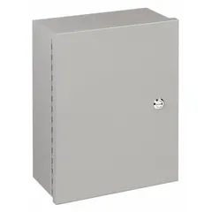 This WIEGMANN steel enclosure is rated NEMA 1 for indoor use, measuring 8 x 6 x 6 inches. It features a painted finish, a hinged solid cover secured by a 1/4-turn latch, and no knockouts for custom entry points. Suitable for housing electrical components such as terminals, relays, and controls in dry environments.