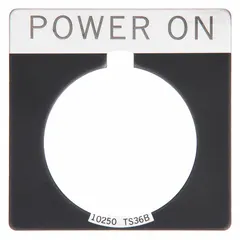 Square legend plate for push-button stations, 1 3/4 in overall height and width. Constructed of black metallic aluminum with a white 'Power On' legend in English. Suitable for labeling control panels in industrial automation and machinery applications.
