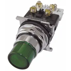 Momentary-action illuminated push button with an extended metallic profile. Features a 30 mm mounting size and 1 normally closed (1NC) contact. Suitable for industrial control panel applications requiring a durable actuator for operator input.