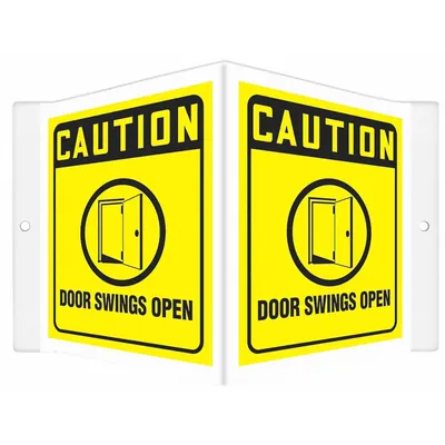 CONDOR Safety Sign: PETG, Mounting Holes Sign Mounting, 6 in x 8 1/2 in Nominal Sign Size - V-Shape Projection Caution: Door Swings Open Signs
