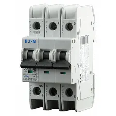 This 3-pole miniature circuit breaker from the FAZ-NA series features a C-curve trip characteristic and a 1 A current rating. It is UL489 listed for overcurrent protection in branch circuits and can be mounted on DIN rails. The screw clamp terminals facilitate secure wiring connections. Typical applications include industrial control panels, distribution boards, and equipment requiring reliable circuit protection.