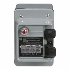 This 3-pole enclosed manual motor switch is rated 30 A with a maximum voltage of 600V AC. It features a NEMA 4 painted steel surface-mount enclosure and a red pilot light for 440-600V AC. Suitable for local on/off control of motors in industrial environments, including washdown or outdoor applications.