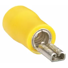 Yellow vinyl partially insulated female quick disconnect socket for 12 AWG to 10 AWG wire. Used for fast electrical connections in control panels, machinery, and wiring harnesses.