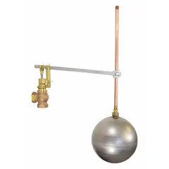 This float valve assembly automatically controls water levels in tanks, reservoirs, and cooling towers. It features a bronze angle valve body with FNPT inlet and outlet connections, an adjustable arm, and includes a float and rod with 1/4" NPT rod thread. Designed for horizontal piping, it delivers a flow rate of 50 gpm at 60 psi.