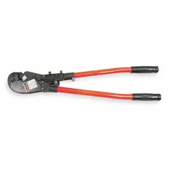 The THOMAS TBM8S is a manual ratchet crimper designed for controlled-cycle crimping of compression lugs and splices. It features a 26-inch overall length and deluxe cushion grips for user comfort. This tool is used in electrical power distribution, industrial maintenance, and heavy equipment installations for permanent wire connections.