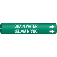 Pipe Marker: Drain Water, Green, White, Fits 2 1/2 to 3 7/8 in Pipe O.D., 1 Pipe Markers (MPN 4176-C)