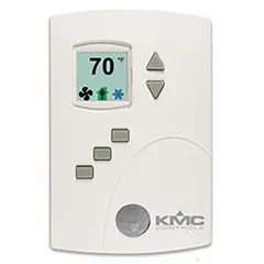 BACnet MS/TP controller for fan coil units, operating on 24V AC with hardwired connectivity. Features an onboard occupancy sensor, three-speed fan control, and on/off temperature adjustment. Includes a white backplate and provides 6 relay outputs with 0 relay inputs. No humidification or dehumidification control.