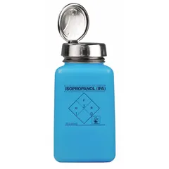 HDPE dispensing bottle with a 177 mL (6 fl oz) capacity, designed for isopropyl alcohol (IPA). Features a blue square body and a silver dropper closure. Sterile and supplied with closure. Suitable for controlled drop dispensing in laboratory and precision cleaning applications.