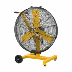 This non-oscillating pedestal fan delivers variable-speed airflow for targeted cooling in industrial spaces such as warehouses, factories, and large workspaces. It features a 36 1/2 in blade diameter, a 2/3 hp single-phase motor, and operates on 120V AC power.