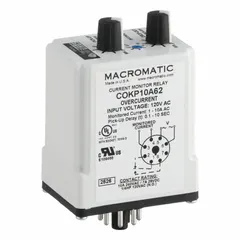 Socket-mounted overcurrent monitor relay with adjustable trip point from 1 to 10 A. Rated for 120V AC and 10 A, with pin-type electrical connection. Used in industrial control panels to protect equipment by monitoring current and tripping when setpoint is exceeded.