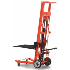 This platform lift truck has a 750 lb capacity and a steel platform measuring 22 in L x 30 in W. It features a foot pump operation and a lift range from 5 3/4 in to 54 in. Equipped with two swivel casters, it is used for lifting and positioning loads in industrial and warehouse settings.