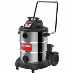 This DAYTON general purpose vacuum features a 16-gallon stainless steel tank for wet or dry pickup. It includes a 2-1/2 inch diameter, 8-foot hose and a push handle for mobility. Suitable for routine maintenance and cleanup tasks in industrial or commercial settings.