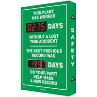 This electronic scoreboard is constructed of aluminum with mounting holes for wall installation. It operates on 110/120V AC and is controlled via remote control. The sign displays the number of days without a lost time accident and the best previous record, used in industrial facilities to promote safety awareness