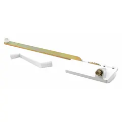 This left-hand surface-mount window operator is designed for casement windows. It includes a crank handle and features a white powder-coated finish with a 3-inch base length. Suitable for opening and closing casement windows in residential or commercial buildings.