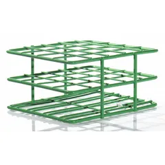 This steel test tube rack holds up to 20 tubes and is designed for benchtop use. It measures 4 1/4 inches wide, 2 1/2 inches high, and 5 inches long. The green finish provides easy identification in laboratory settings.