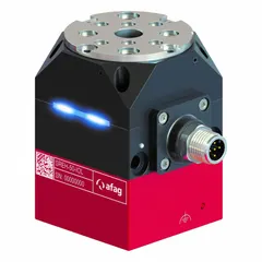 Electric rotary module with IO-Link communication interface operating at 230.4 kbps. Features an LED display for status indication. Delivers a maximum idle speed of 716 RPM and a maximum torque of 0.9 N-m. Suitable for precise rotational positioning in automated assembly, packaging, and material handling systems.