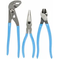 This general purpose pliers set includes three manual pliers with standard cushion grips, covering a pliers range of 2 to 5. The set features a 9-1/2 in V-Jaw Tongue & Groove Plier for adjustable gripping on fasteners and pipes. Suitable for gripping, turning, and clamping tasks in industrial maintenance, plumbing, and mechanical work.