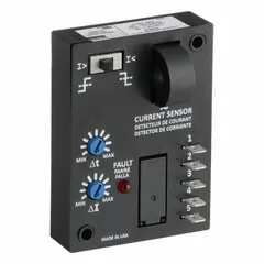 This surface-mounted relay monitors undercurrent conditions and features an adjustable trip point from 5 to 50 A. It is configured via a switch and includes an LED status indicator. Electrical connections are made through quick connect tabs. Typical applications include protection of motors, pumps, and conveyors against load loss or belt breakage.