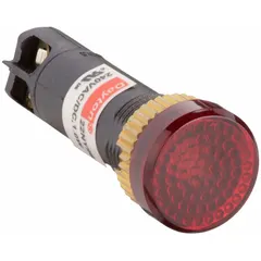This LED indicator pilot light features a raised head design for high visibility and a 12 mm panel mounting hole diameter. It uses an M2.5 screw electrical connection for secure wiring. Typical applications include signaling equipment status on industrial control panels, machinery, and automation systems.