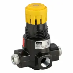 Zinc air regulator from Parker's 15 Series with 1/4 in NPT ports. Adjustable output pressure range of 1 psig to 125 psig, with maximum inlet pressure of 300 psig. Knob adjustment for precise control. Used in pneumatic systems to maintain consistent downstream pressure in industrial automation, packaging, and material handling applications.