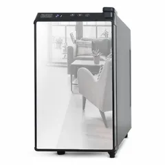 This BLACK & DECKER beverage cooler has a total capacity of 1 cu ft (up to 8.9 cu ft) and features 4 shelves for organizing drinks and small food items. It uses manual defrost and is finished in black. Suitable for compact cooling in offices, break rooms, or home bars.
